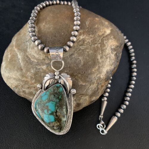 Navajo Spiderweb Turquoise Pendant Necklace | 2.25" | Sterling Silver | Authentic Native American Handmade | 13979