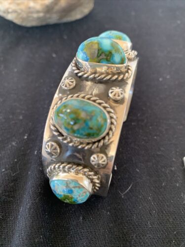 Navajo Green Sonoran Gold Turquoise Cuff Bracelet | Sterling Silver | 5 Stone | Authentic Native American Handmade | 864