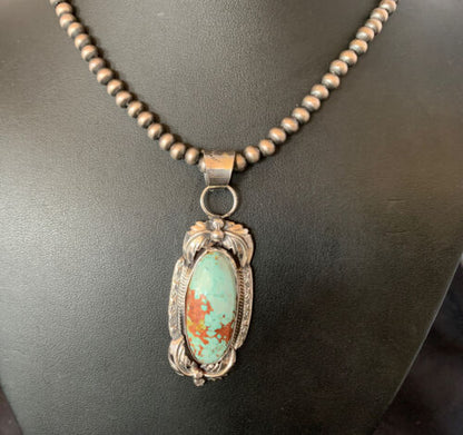 Men's Navajo Blue Dry Creek Turquoise Pendant | Sterling Silver Pearl Necklace | Native American Handmade | 12971