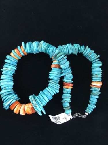 Navajo Natural Blue Turquoise & Spiny Oyster Graduated Necklace | Sterling Silver | Authentic Native American | 20" | 10000