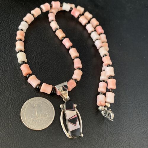 Pink Coral, Onyx & Mother of Pearl Inlay Pendant Necklace | Navajo Sterling Silver Bead | Authentic Native American | 13733