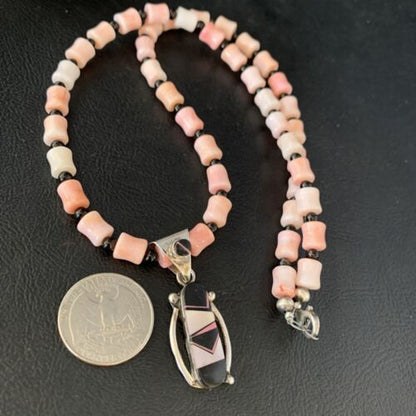 Pink Coral, Onyx & Mother of Pearl Inlay Pendant Necklace | Navajo Sterling Silver Bead | Authentic Native American | 13733