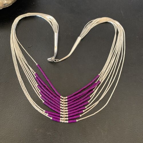 Sugilite Liquid Silver Heishi Necklace | 10 Strand | Sterling Tubes Pendant | 12299