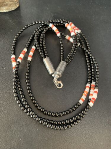 Native American 3-Strand Mother of Pearl Spiny Oyster Onyx Necklace | Sterling Silver | 13909