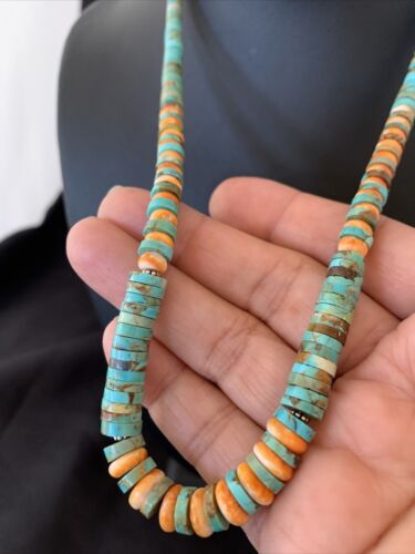 Navajo Green Turquoise & Orange Spiny Oyster Graduated Heishi Necklace | Sterling Silver | Authentic Native American | 20" | 11774
