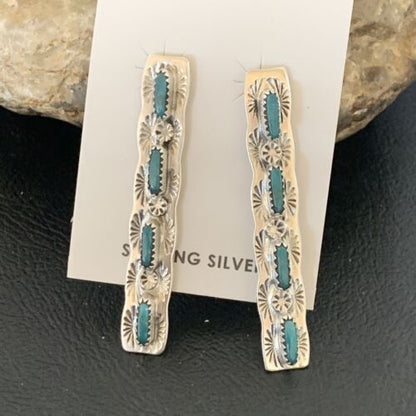 Turquoise Navajo Sterling Dangle Earrings | Handmade | 2" Long | 12121