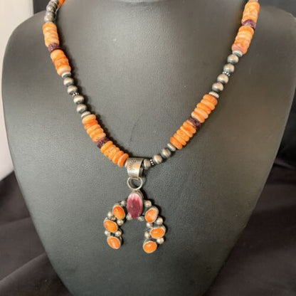 Navajo Sterling Silver Necklace | Orange Spiny Oyster Cluster Naja Pendant | 13165