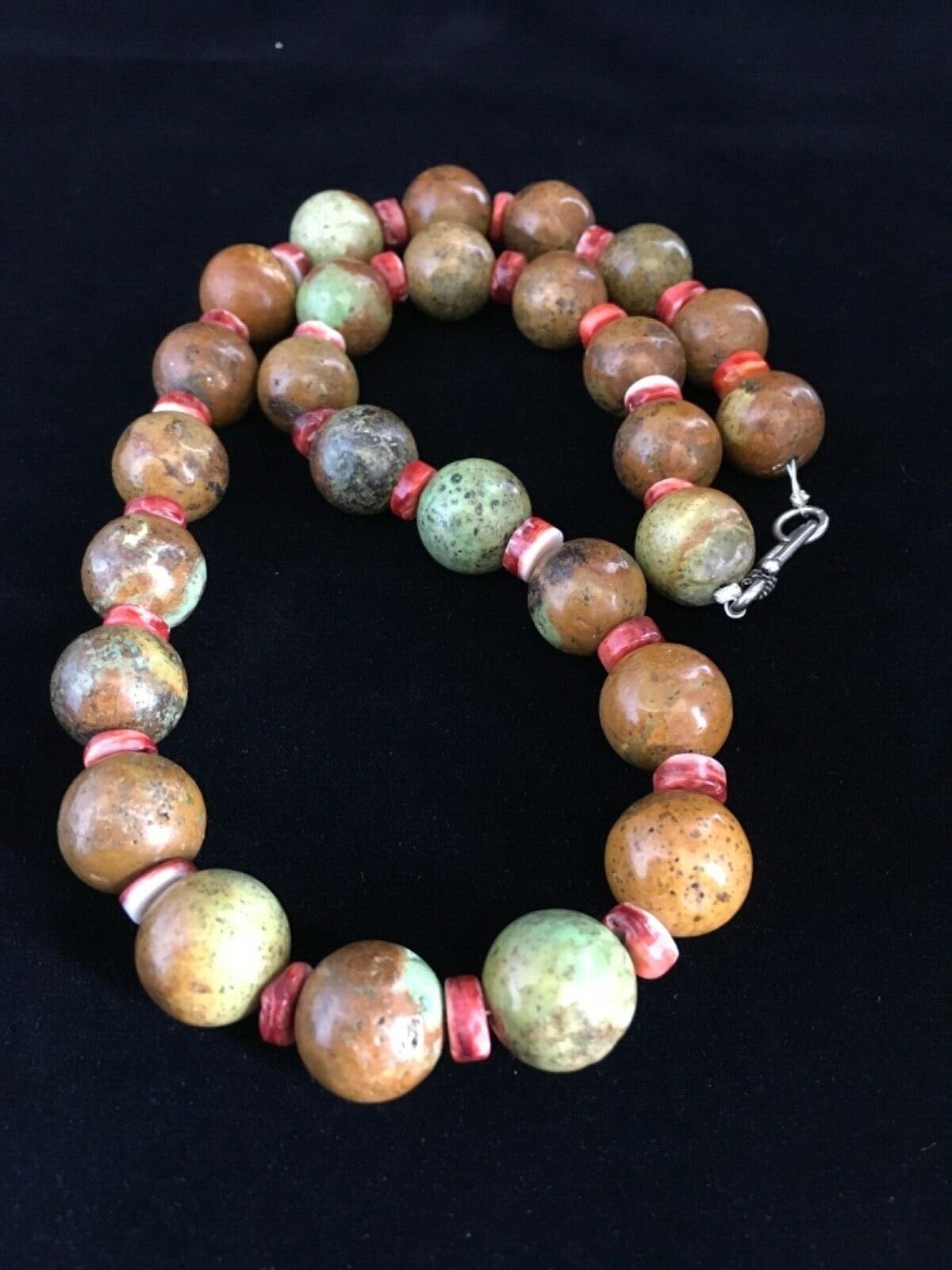 Navajo Green Turquoise & Orange Spiny Oyster Necklace | Sterling Silver | 17" | Authentic Native American Handmade | 1742