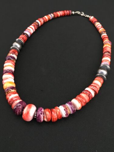 Navajo Sterling Silver Graduated Spiny Oyster Necklace | Authentic Native American | 18" | 4855