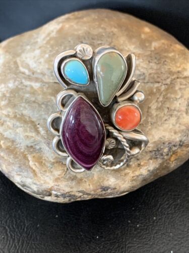 Navajo Sterling Silver Ring | Blue Turquoise & Spiny Oyster | Sz 11 | Native American Handmade | 02127