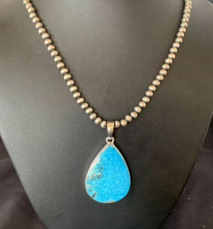 Navajo Pearls Blue Kingman Turquoise Necklace Pendant | Sterling Silver | Authentic Native American Handmade | 11809