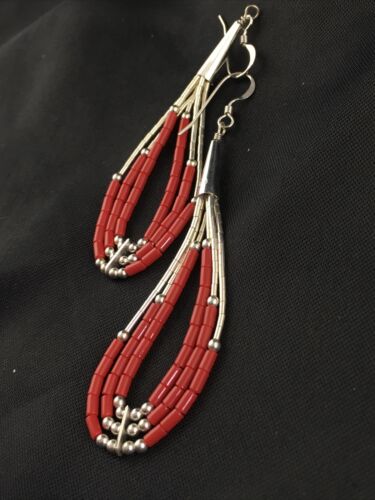 Liquid Silver Heishi Dangle Earrings | Apple Sponge Coral | Sterling Silver | 2.25" | 1981