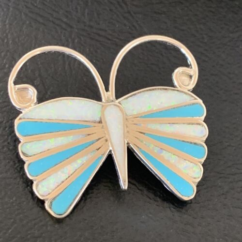 Zuni Blue Turquoise White Opal Butterfly Necklace Pin Pendant | Sterling Silver | 11972