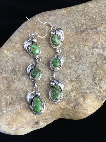 Navajo Green Sonoran Gold Turquoise 3" Dangle Earrings | Sterling Silver | Authentic Native American Handmade | 1732