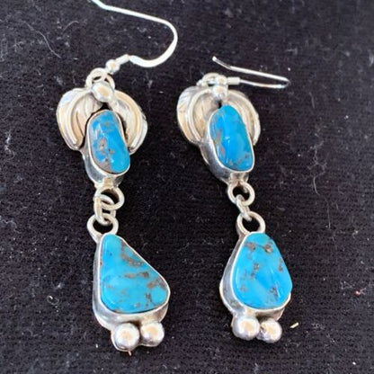 Navajo Kingman Turquoise Dangle Earrings | Sterling Silver | Authentic Native American Handmade | 01219