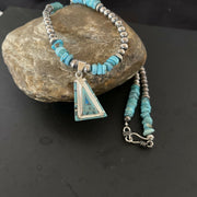 Authentic Native American Navajo Sterling Silver Pendant | Blue Turquoise & Opal Inlay Necklace | 11331