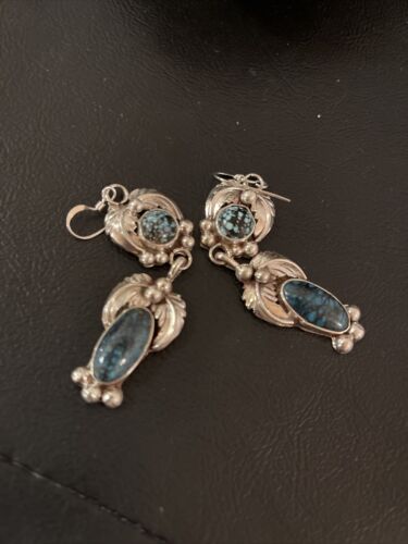 Navajo Spiderweb Turquoise Dangle Earrings | Sterling Silver | Authentic Native American Handmade | 1236