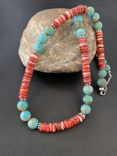 Men's Royston Turquoise & Red Spiny Necklace | Navajo Pearl | Sterling Silver | Native American | 22" | 2173