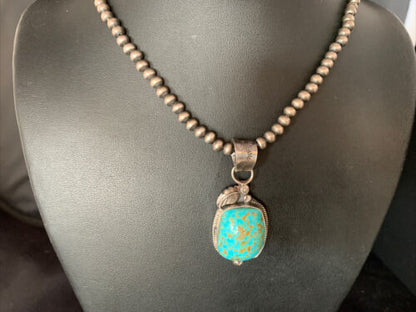 Men's Blue Turquoise #8 Necklace Pendant | Sterling Silver Navajo Pearls | Native American Handmade | 13765