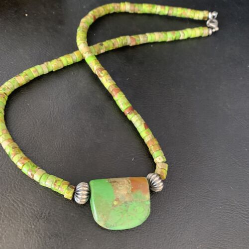 Navajo Green Gaspeite Turquoise Pendant | Sterling Silver | Authentic Native American Handmade | 13912
