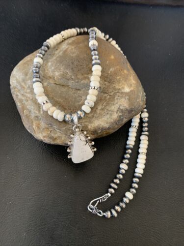 Navajo White Buffalo Turquoise Pendant Set | Sterling Silver | Authentic Native American Handmade | 12241