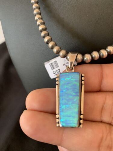 Blue Opal Inlay Necklace Pendant | Navajo Pearls | Sterling Silver | Authentic Native American Handmade | 2835 - Masha USA