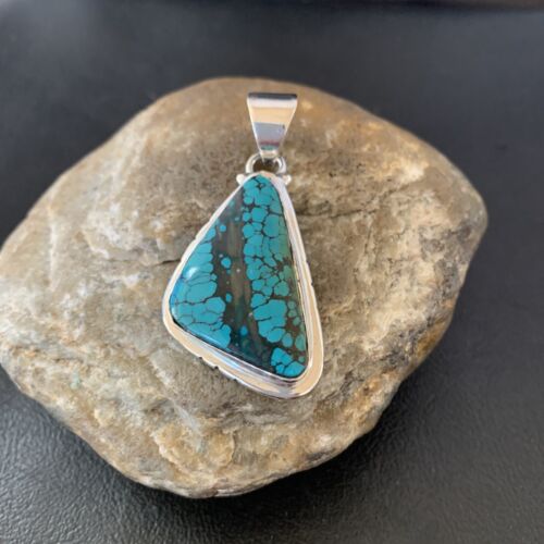 Navajo Men's Pendant | Sterling Silver Spiderweb Turquoise | 2" | Authentic Native American Handmade | 10756