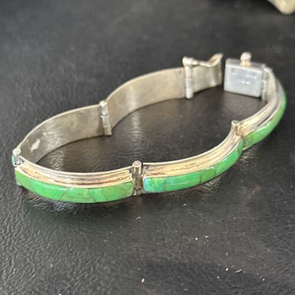 Women's Green Gaspeite Inlay Link Bracelet | Sterling Silver | 6.25" | 14526