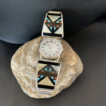 Navajo Men's Watch Tips | Sterling Silver with Onyx, Coral, Turquoise Inlay | Authentic Native American Jewelry | 11576