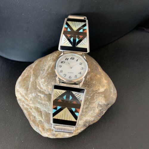 Navajo Men's Watch Tips | Sterling Silver with Onyx, Coral, Turquoise Inlay | Authentic Native American Jewelry | 11576