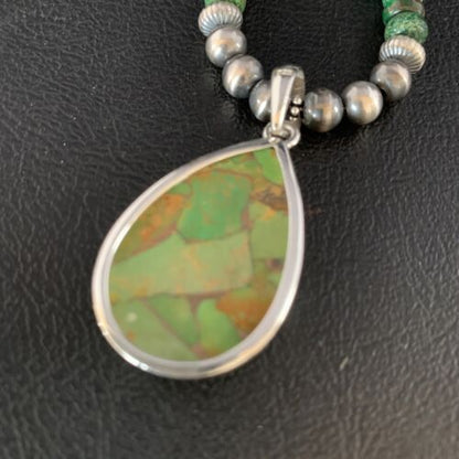 Navajo Green Mojave Turquoise Pendant Necklace | Sterling Silver | Native American Handmade | 13467