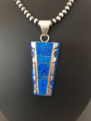 Authentic Native American Navajo Pearls Bead Necklace | Sterling Silver with Blue Opal Pendant | 8281