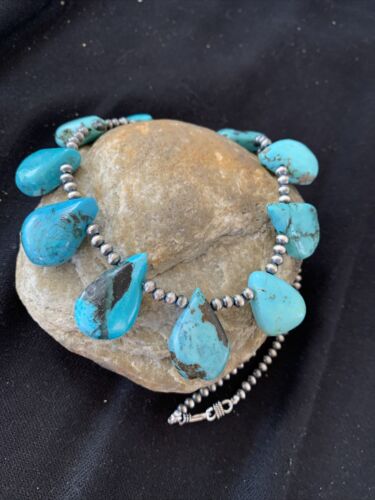 Native American Navajo Pearls Necklace | Sterling Silver Blue Turquoise Teardrop | Authentic Handmade | 942