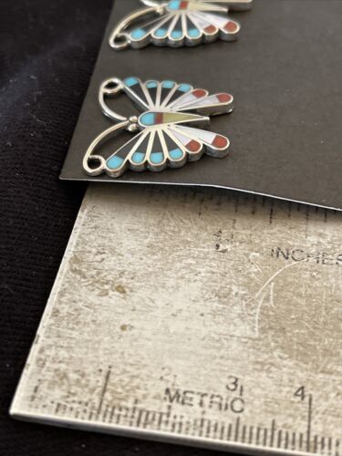Native American Zuni Sterling Silver Inlay Earrings | Turquoise Coral Mother of Pearl | 1085