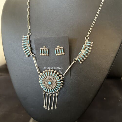 Zuni Kingman Turquoise Needle Point Necklace Pendant Earrings Set | Sterling Silver | Native American Handmade | 14488
