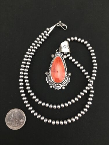 Navajo Orange Spiny Oyster Pendant | Sterling Silver Pearls | Authentic Native American Handmade | 1296