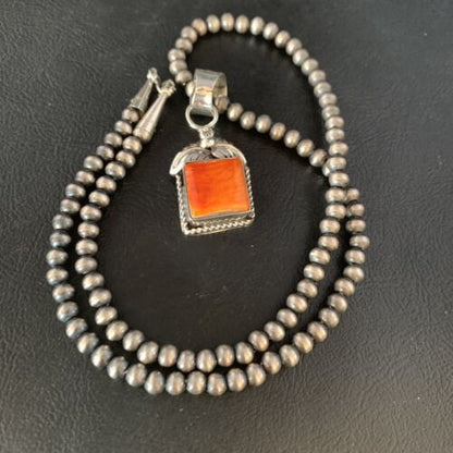Navajo Orange Spiny Oyster Pendant | Sterling Silver Square Necklace | Authentic Native American Handmade | 13641