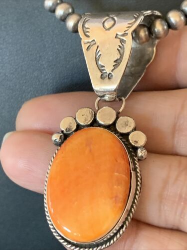 Navajo Orange Spiny Oyster Pendant Necklace | Sterling Silver | Authentic Native American Handmade | 13081