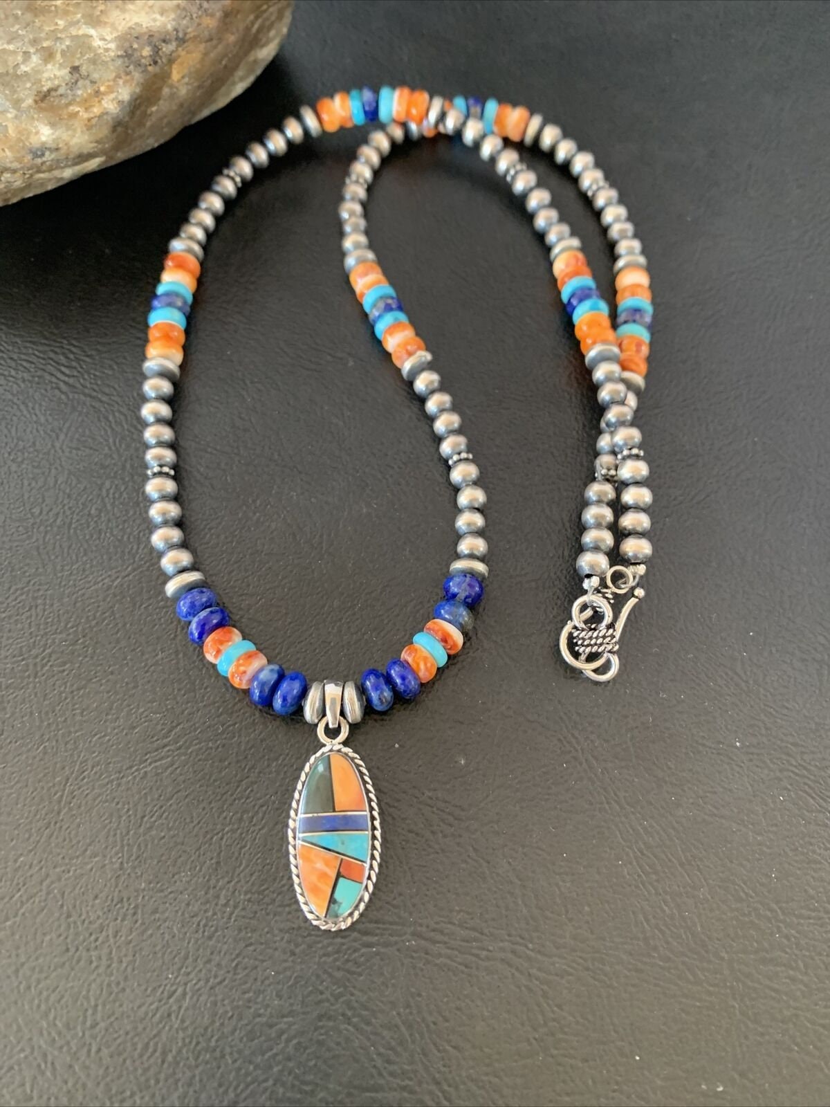 Navajo Native American Multi-Color Turquoise Spiny Inlay Pendant Necklace | Sterling Silver | 10660