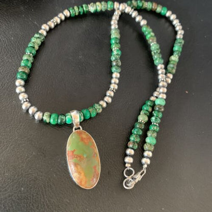 Navajo Pearls Green Turquoise Pendant Necklace | Sterling Silver Beads | Authentic Native American Handmade | 13309