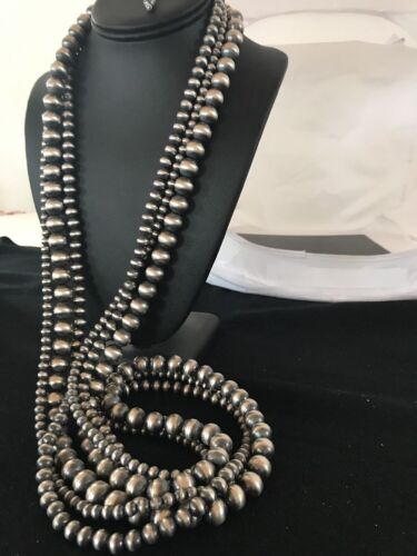 Navajo Pearls Sterling Silver Bead Necklace | 60" 3-Strand | Native American Handmade | 93960