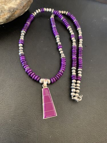 Authentic Native American Navajo Pearl Necklace with Purple Sugilite Pendant | Sterling Silver | 18" | 12349