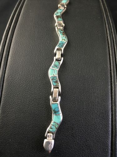 Native American Women's Sterling Silver Turquoise Inlay Link Bracelet | 6.75" | 2031