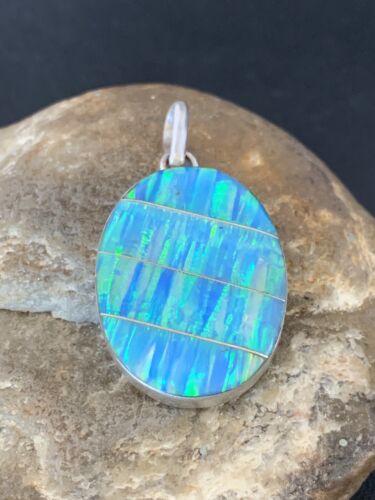 Navajo Blue Opal Inlay Pendant | Sterling Silver | Authentic Native American Handmade | 13142