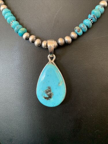 Navajo Pearl Necklace with Blue Kingman Turquoise Pendant | Sterling Silver | 11739