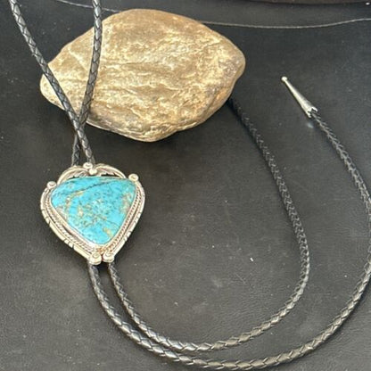 Navajo Blue Kingman Turquoise Bolo Tie | Sterling Silver | Authentic Native American Handmade | 14254