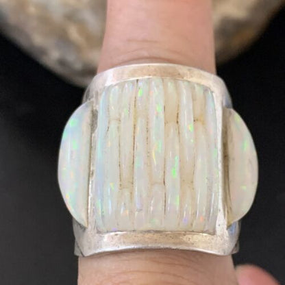 Native American Navajo White Opal Inlay Ring | Sterling Silver | Sz 10 | 12861