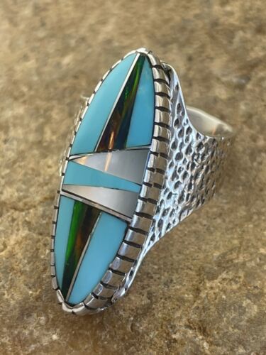 Southwestern Navajo Opal & Turquoise Inlay Ring | Sterling Silver | Sz 8 | 01615