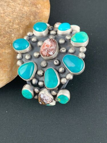 Men's Blue Turquoise Wild Horse Cuff Bracelet | Sterling Silver | Navajo Handmade | 4228 - Masha USA