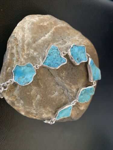 Navajo Blue Kingman Turquoise Rough Link Bracelet | Sterling Silver | 8" | 11648